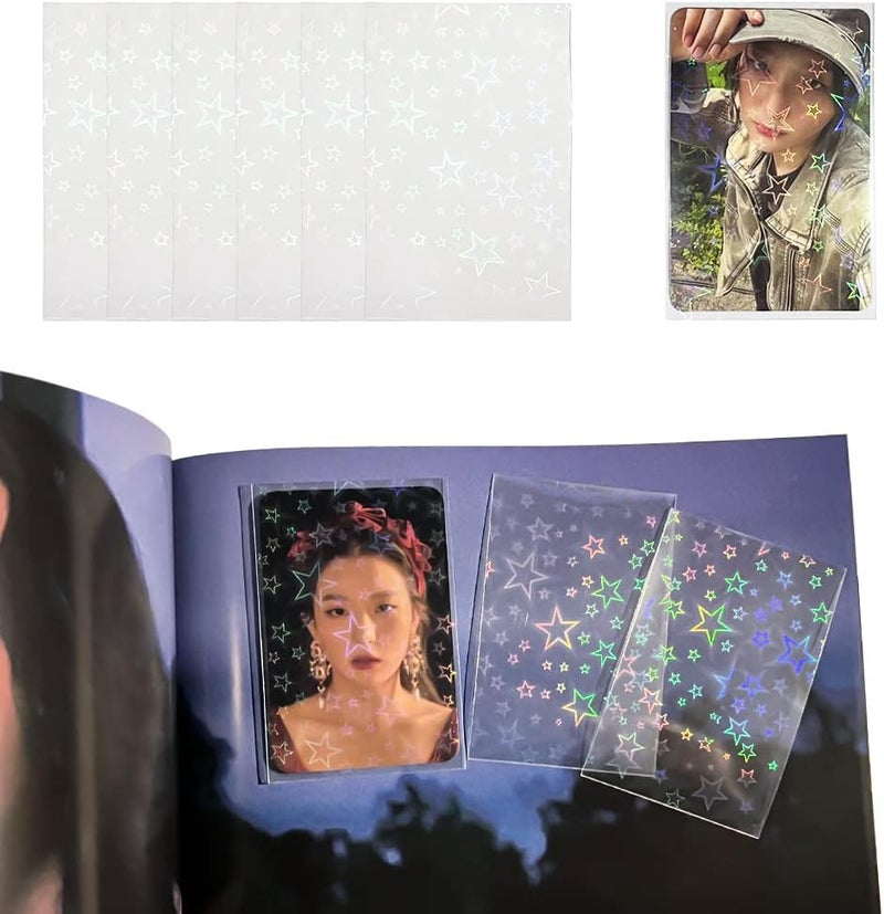 baskiss 100 Packs Laser Star Photocard Sleeves Kpop 200 Microns Ultra Thick Sleeves Idol Photo Cards Protector Trading Cards Shield Cover (New Star-Shape Laser, Unsealable) - Image 1
